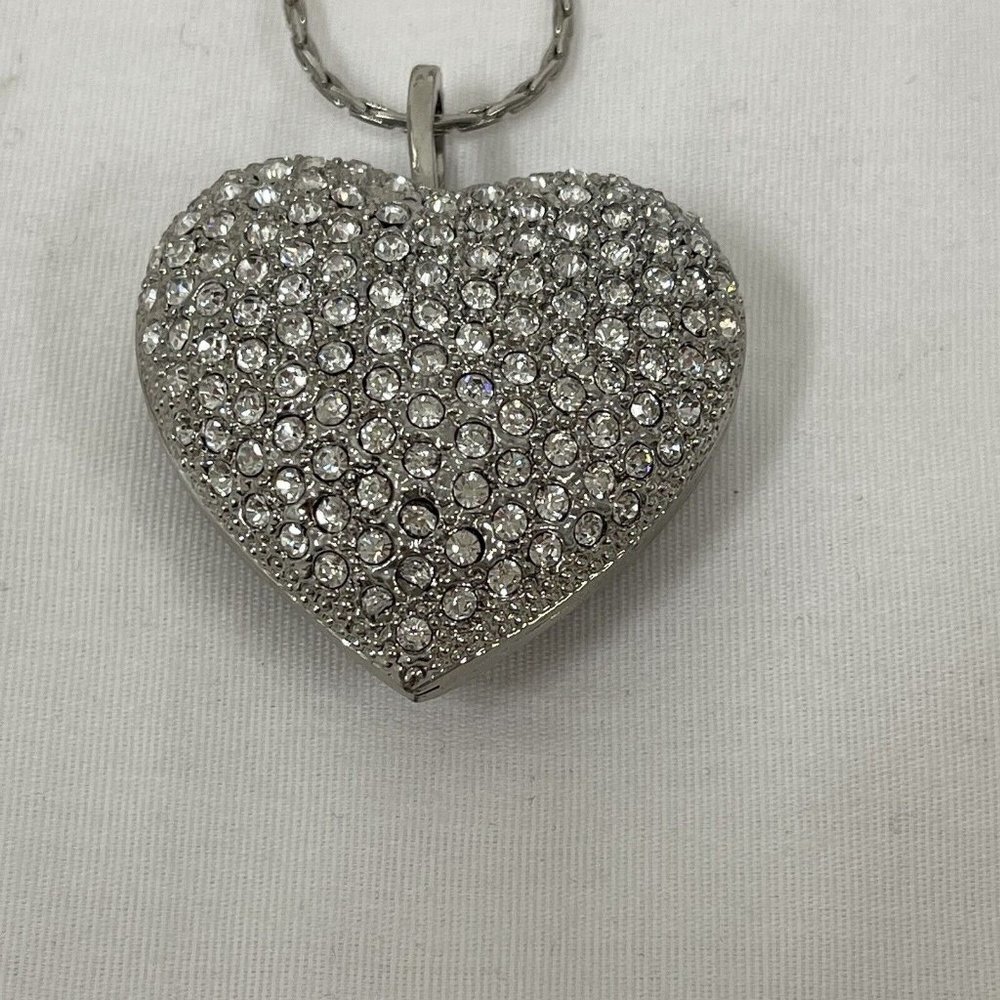 Silver-Tone Filigree Rhinestones Heart Pendant 2” Pendant 26” Necklace Chain - Picture 2 of 6